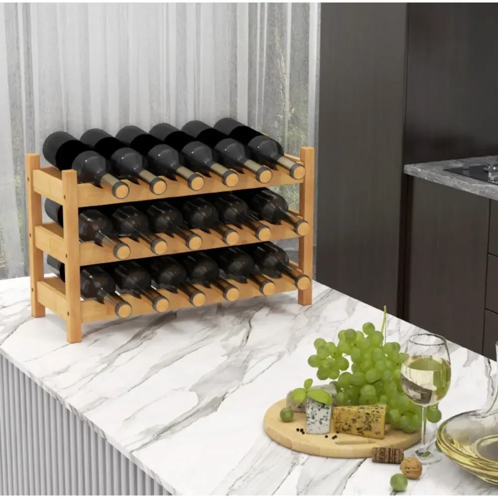 Giantex Bamboo Wine Rack 3 Tier 18 Bottle Freestanding Wine Storage Shelf